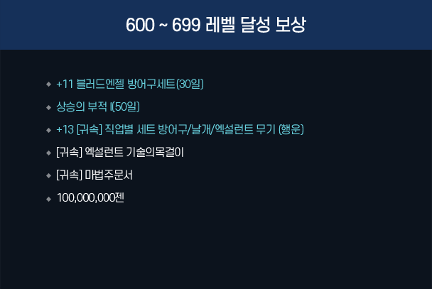 600 ~ 699 레벨 달성 보상