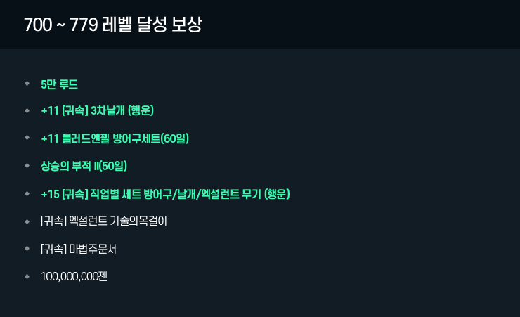 700 ~ 779 레벨 달성 보상