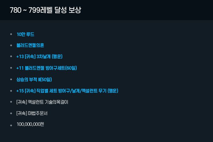 780 ~ 799 레벨 달성 보상